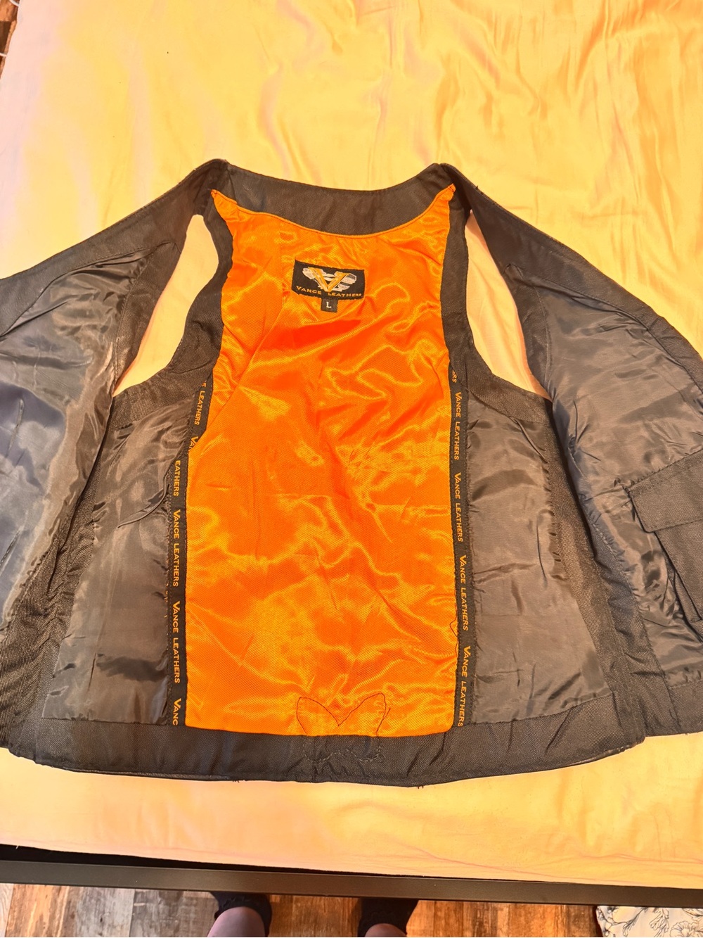 Black Leather Zip Front Biker Vest with Orange Lining - Picture 5 of 5